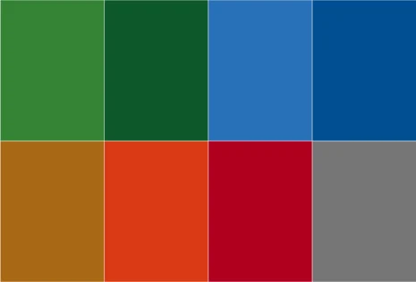 Grafik: 8 einzelnen Farbtafeln in Grün, Dunkelgrün, Blau, Dunkelblau, Ocker, Orange, Rot, Grau 