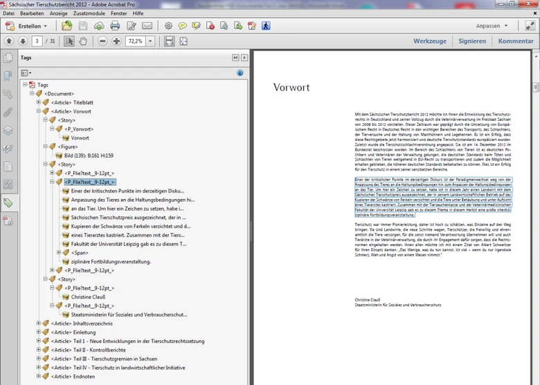 Strukturbaum mit einzelnen Tags und der entsprechenden Stelle im Inhalt. Auf der linken Bildhälfte sieht man den Strukturbaum, auf der rechten Seite die Original PDF-Seite.