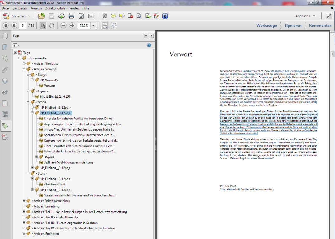 Strukturbaum mit einzelnen Tags und der entsprechenden Stelle im Inhalt. Auf der linken Bildhälfte sieht man den Strukturbaum, auf der rechten Seite die Original PDF-Seite.