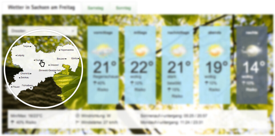 Screenshot der Sachsenkarte als Imagemap zur Auswahl der Wetteranzeige